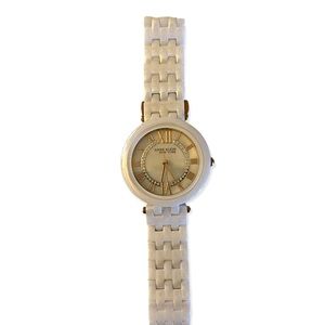 Never worn Anne Klein watch. Mother of pearl. White ceramic band. Crystal.